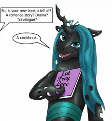 Size: 1061x1142 | Tagged: safe, artist:termyotter, derpibooru import, queen chrysalis, changeling, eat pray love, elizabeth gilbert, image, jpeg, pun, simple background, solo, the twilight zone, to serve man, white background