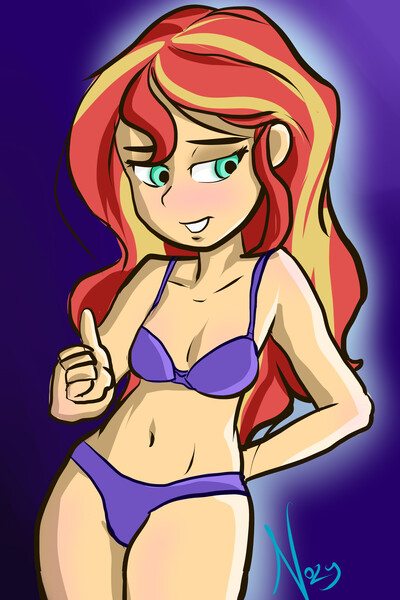 Size: 2000x3000 | Tagged: suggestive, artist:nolyanimeid, derpibooru import, sunset shimmer, human, bedroom eyes, belly button, blue background, bra, clothes, female, grin, humanized, image, jpeg, panties, purple underwear, simple background, smiling, solo, solo female, thumbs up, underwear