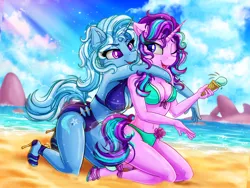 Size: 2500x1878 | Tagged: safe, alternate version, artist:stainedglasslighthea, derpibooru import, starlight glimmer, trixie, anthro, plantigrade anthro, pony, unicorn, beach, bikini, breasts, busty starlight glimmer, busty trixie, clothes, commission, feet, female, food, high heels, ice cream, ice cream cone, image, lesbian, mare, png, shipping, shoes, startrix, swimsuit, tail, your character here