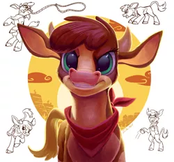 Size: 1500x1390 | Tagged: safe, artist:tsitra360, derpibooru import, cow, them's fightin' herds, arizona (tfh), community related, image, jpeg, looking at you, rope, sketch, smiling, smiling at you, stomping, sunset