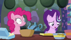 Size: 498x278 | Tagged: safe, derpibooru import, screencap, pinkie pie, starlight glimmer, earth pony, pony, unicorn, every little thing she does, season 6, animated, discovery family logo, duo, egg, female, fiducia compellia, gif, image, kitchen, shrunken pupils, smiling