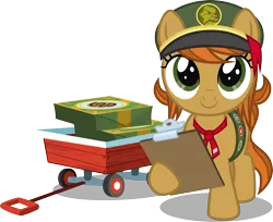 Size: 2282x1864 | Tagged: safe, artist:lightning stripe, derpibooru import, oc, oc:acorn cap, earth pony, pony, box, clipboard, commission, cookie, cookie box, cute, derpibooru exclusive, earth pony oc, female, filly, filly guides, filly scouts, food, front view, girl scout, girl scout uniform, green eyes, image, ocbetes, orange mane, png, scout uniform, show accurate, simple background, solo, transparent background, vector, wagon