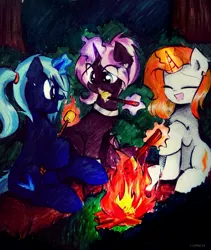 Size: 2951x3489 | Tagged: safe, artist:liaaqila, derpibooru import, oc, oc:aurora shinespark, oc:novus flux, oc:tenebris flux, unofficial characters only, unicorn, campfire, camping, cute, ear piercing, earring, food, forest, forest background, high res, image, jewelry, laughing, magic, magic aura, marshmallow, night, no source available, ocbetes, piercing, png, ponytail, traditional art, tree