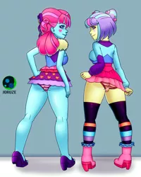 Size: 1600x2000 | Tagged: source needed, suggestive, artist:joizer, derpibooru import, kiwi lollipop, supernova zap, equestria girls, ass, butt, cameltoe, clothes, commission, commissioner:someguy845, duo, duo female, female, females only, image, jpeg, k-lo, k-lo culo, legs, looking at you, looking back, looking back at you, miniskirt, postcrush, simple background, skirt, socks, stockings, su-z, su-z booty, teasing, thigh highs, thighs, upskirt