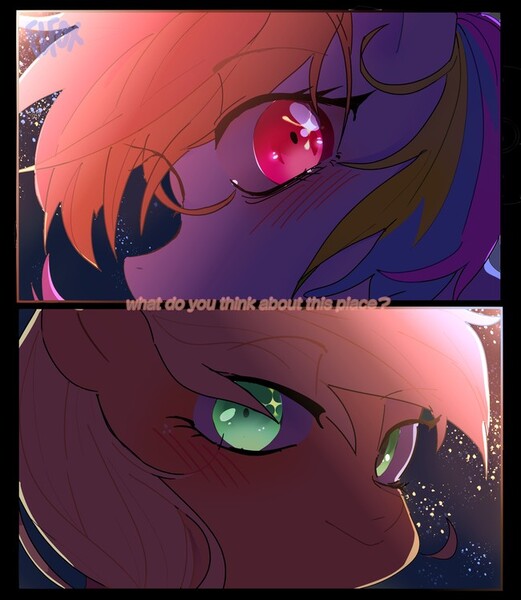 Size: 650x748 | Tagged: safe, artist:肥狸, derpibooru import, applejack, rainbow dash, earth pony, pegasus, pony, appledash, dim light, female, image, jpeg, lesbian, shiny eyes, shipping