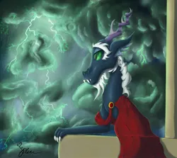 Size: 2489x2222 | Tagged: safe, artist:diamond06mlp, derpibooru import, oc, oc:entropy, draconequus, bust, cape, clothes, draconequus oc, image, jpeg, male, nightmarified, sitting, throne