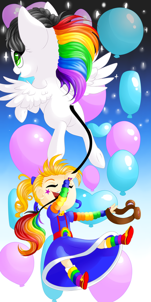 Size: 2834x5669 | Tagged: safe, artist:schokocream, derpibooru import, oc, oc:lightning bliss, unofficial characters only, alicorn, human, pony, alicorn oc, balloon, duo, female, flying, gradient background, horn, image, mare, multicolored hair, png, rainbow hair, wings