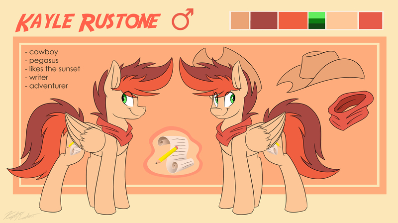 Size: 5000x2800 | Tagged: safe, artist:kaylerustone, derpibooru import, oc, oc:kayle rustone, unofficial characters only, pegasus, pony, clothes, cowboy hat, hat, image, jpeg, male, reference sheet, scarf