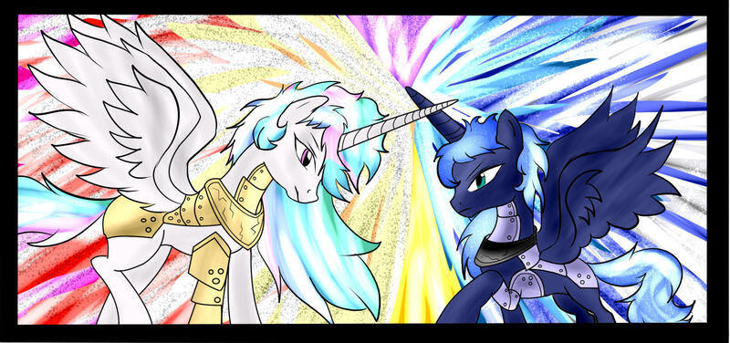 Size: 1700x800 | Tagged: safe, artist:foxgearstudios, derpibooru import, princess celestia, princess luna, alicorn, pony, abstract background, armor, duo, female, image, jpeg, mare, royal sisters, s1 luna, siblings, sisters