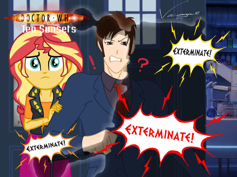 Size: 1280x960 | Tagged: safe, artist:edcom02, artist:gmaplay, artist:jmkplover, artist:vanossfan10, derpibooru import, doctor whooves, sunset shimmer, time turner, equestria girls, dalek, david tennant, doctor who, doctorset, exterminate, female, image, jpeg, laboratory, male, shipping, silhouette, tardis, tenth doctor, title card