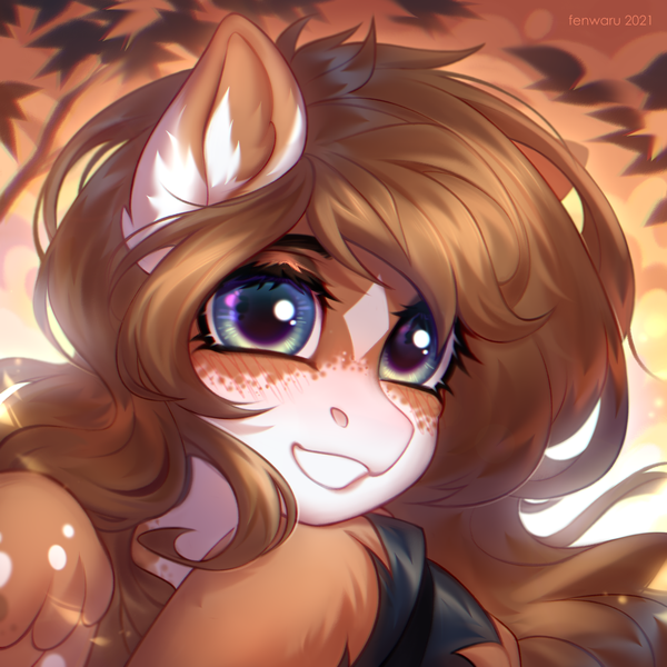 Size: 2000x2000 | Tagged: safe, artist:fenwaru, derpibooru import, oc, oc:mabel, unofficial characters only, pegasus, pony, brown, bust, cute, draft horse, fluffy, grin, hoof under chin, image, png, portrait, smiling, solo