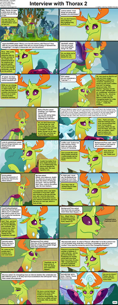 Size: 1282x3304 | Tagged: safe, derpibooru import, edit, edited screencap, screencap, arista, clypeus, cornicle, thorax, changedling, changeling, comic:celestia's servant interview, to change a changeling, triple threat, caption, comic, cs captions, female, grass, image, interview, looking at you, male, mountain, onomatopoeia, png, screencap comic, screenshots, text, throne