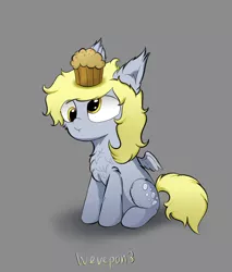 Size: 1021x1200 | Tagged: safe, artist:wevepon3, derpibooru import, derpy hooves, pegasus, pony, chest fluff, ear fluff, fluffy, food, image, jpeg, messy mane, muffin, on head, solo