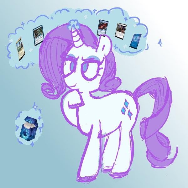 Size: 1200x1200 | Tagged: safe, artist:duckchip, derpibooru import, rarity, unicorn, doodle, female, image, magic, magic the gathering, png, simple background, sketch, smiling, smirk, solo, solo female, telekinesis, thinking, trading card, trading card game