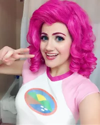 Size: 1080x1352 | Tagged: safe, artist:sarahndipity cosplay, derpibooru import, pinkie pie, human, equestria girls, legend of everfree, 2018, clothes, cosplay, costume, image, irl, irl human, jpeg, peace sign, photo