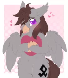 Size: 1749x2000 | Tagged: safe, artist:adostume, derpibooru import, oc, oc:luxor, unofficial characters only, classical hippogriff, hippogriff, commissioner:luxorianin, cute, heart, heart pillow, hug, hugging a pillow, image, jpeg, looking at you, ocbetes, one eye closed, pillow, pillow hug, simple background, solo, tongue out