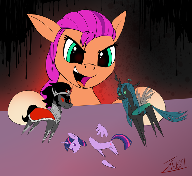 Size: 2300x2100 | Tagged: safe, artist:zoarvek, derpibooru import, king sombra, queen chrysalis, sunny starscout, twilight sparkle, changeling, changeling queen, earth pony, pony, unicorn, drama, evil, female, g5, image, open mouth, playing, png, pure unfiltered evil, toy