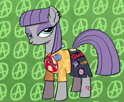 Size: 2228x1844 | Tagged: safe, artist:swagstapiece, derpibooru import, maud pie, earth pony, pony, abstract background, anarchy, bandaid, button, clothes, ear piercing, earring, female, image, jewelry, jpeg, lidded eyes, mare, nose piercing, nose ring, piercing, shirt, skirt, solo, t-shirt