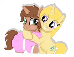 Size: 960x738 | Tagged: safe, artist:chip16, derpibooru import, oc, oc:heroic armour, oc:pearl armour, pony, unicorn, brother and sister, clothes, colt, crossdressing, dress, fake eyelashes, female, femboy, hug, image, looking at each other, male, mare, png, sibling love, siblings, smiling, smiling at each other, teenager