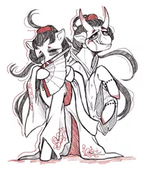 Size: 1710x1951 | Tagged: safe, artist:karamboll, derpibooru import, earth pony, pony, blade, clothes, crossover, fan, female, geisha, identity v, image, japanese, jewelry, kimono (clothing), long hair, mask, michiko, moon runes, png, sketch