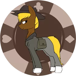 Size: 1500x1500 | Tagged: safe, artist:triplesevens, derpibooru import, oc, oc:acres, unofficial characters only, earth pony, pony, bag, blonde, blonde mane, blonde tail, brown coat, clothes, club, coat markings, cowboy hat, diamond, earth pony oc, hat, heart, image, male, png, poker chips, saddle bag, simple background, smiling, solo, spade, stallion, transparent background