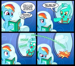 Size: 688x600 | Tagged: safe, artist:madmax, derpibooru import, edit, lyra heartstrings, rainbow dash, pegasus, pony, unicorn, book, comic, cropped, dialogue, duo, female, image, ladder, laughing, mare, png, reading, speech bubble