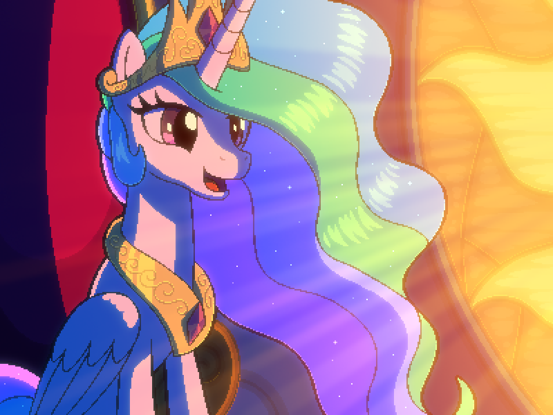 Size: 800x600 | Tagged: safe, artist:rangelost, derpibooru import, princess celestia, alicorn, coya:d20 pony, crown, cyoa, image, jewelry, offscreen character, pixel art, png, regalia, solo, stained glass window, story included, sunlight, throne, throne room