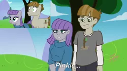 Size: 1366x768 | Tagged: safe, artist:shacy's pagelings, derpibooru import, screencap, maud pie, mudbriar, pinkie pie, earth pony, human, pony, the maud couple, from the episode where maud pie introduces mudbriar and pinkie freaked out, humanized, image, implied pinkie pie, png, redraw, scene interpretation, screencap reference