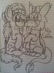 Size: 719x959 | Tagged: safe, artist:millefaller, derpibooru import, oc, unofficial characters only, dragon, pegasus, pony, :p, beanie, dragon oc, duo, fangs, hat, image, jpeg, lineart, lined paper, pegasus oc, signature, smiling, tongue out, traditional art, wings