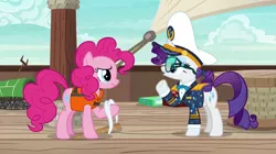 Size: 1301x729 | Tagged: safe, derpibooru import, screencap, pinkie pie, rarity, earth pony, pony, unicorn, ppov, boat, captain hat, captain rarity, duo, duo female, female, hat, image, lifejacket, o, o mouth, open mouth, png