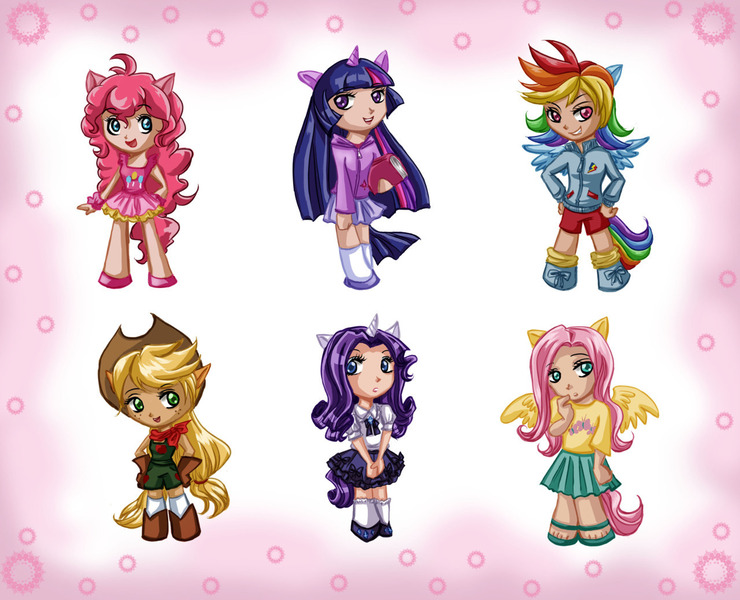 Size: 1280x1038 | Tagged: safe, artist:frubunny, artist:frudoodles, derpibooru import, applejack, fluttershy, pinkie pie, rainbow dash, rarity, twilight sparkle, human, 2011, book, chibi, clothes, female, gloves, hoodie, horn, horned humanization, humanized, image, jpeg, mane six, sandals, shorts, skirt, socks, tailed humanization, winged humanization, wings