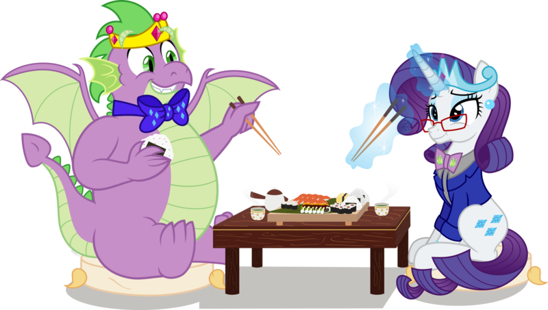 Size: 1920x1088 | Tagged: safe, artist:n0kkun, derpibooru import, rarity, spike, dragon, fish, salmon, unicorn, flurry heart's story, adult, adult spike, bowtie, chopsticks, clothes, crown, cushion, duo, ear piercing, fat, fat spike, female, food, glasses, image, jacket, jewelry, male, older, older rarity, older spike, onigiri, piercing, png, regalia, shipping, simple background, sparity, straight, sushi, table, tea, tiara, transparent background, vector