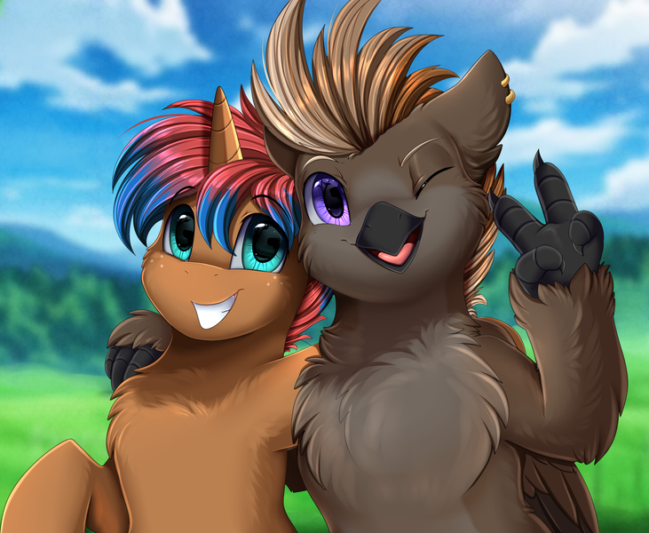 Size: 3215x2640 | Tagged: safe, artist:pridark, derpibooru import, oc, unofficial characters only, gryphon, pony, unicorn, bust, cloud, cute, duo, grass, griffon oc, high res, horn, image, male, mountain, multicolored hair, ocbetes, one eye closed, peace sign, png, portrait, scenery, sky, smiling, tree, unicorn oc, wink