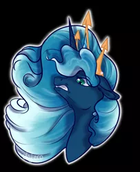 Size: 1041x1280 | Tagged: safe, artist:gadjil974, derpibooru import, oc, unofficial characters only, pony, unicorn, angry, black background, blue mane, bust, crown, eyelashes, female, flowing mane, gem, green eyes, horn, image, jewelry, jpeg, princess, regalia, signature, simple background, solo, teeth