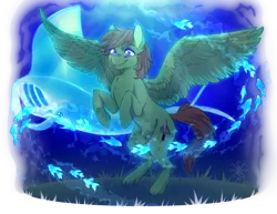 Size: 1100x850 | Tagged: safe, artist:~octopus~, derpibooru import, oc, unofficial characters only, fish, koi, pegasus, pony, blue eyes, brown mane, chest fluff, crepuscular rays, digital art, feather, grass, image, male, manta ray, ocean, png, simple background, smiling, solo, spread wings, stallion, sunlight, swimming, transparent background, underwater, water, wings