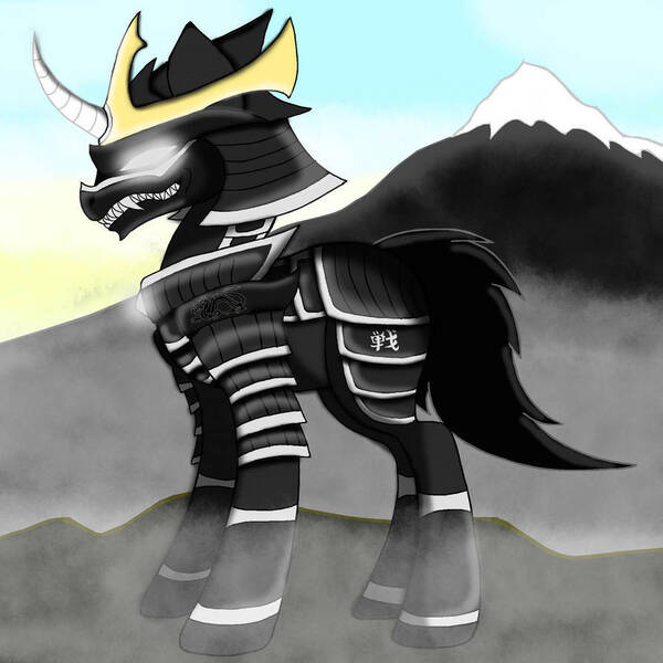 Size: 894x894 | Tagged: safe, artist:meteor-strike-mlp, derpibooru import, oc, oc:shiro reisu, alien, pony, unicorn, alidonian, alternate, armor, image, japanese, jpeg, male, moon runes, mountain, samurai, stallion