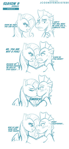 Size: 960x2057 | Tagged: safe, artist:jcosneverexisted, derpibooru import, fluttershy, garble, dragon, pegasus, pony, sweet and smoky, angry, blushing, comic strip, dialogue, eyes closed, female, image, jpeg, kissing, looking each other, male, mare, monochrome, parody, text