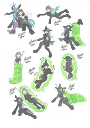 Size: 906x1280 | Tagged: safe, artist:bluelilytz, derpibooru import, queen chrysalis, changeling, human, arm hooves, blushing, bodysuit, clothes, costume, human to changeling, image, jpeg, ponysuit, sleeping bag, traditional art, transformation, transformation sequence