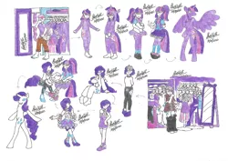 Size: 1280x906 | Tagged: safe, artist:bluelilytz, derpibooru import, rarity, twilight sparkle, twilight sparkle (alicorn), alicorn, anthro, human, pony, unguligrade anthro, unicorn, arm hooves, blushing, clothes, cosplay, costume, crossdressing, doll, dollified, female, human to anthro, image, inanimate tf, jpeg, kigurumi, male, mare, possession, skirt, story included, toy, traditional art, transformation