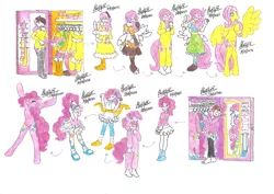 Size: 1280x906 | Tagged: safe, artist:bluelilytz, derpibooru import, fluttershy, pinkie pie, anthro, earth pony, human, pegasus, pony, unguligrade anthro, arm hooves, blushing, clothes, cosplay, costume, crossdressing, dress, female, human to anthro, image, jpeg, kigurumi, male, mare, ponysuit, possession, story included, traditional art, transformation