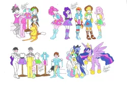 Size: 2338x1654 | Tagged: safe, artist:bluelilytz, derpibooru import, applejack, fluttershy, pinkie pie, princess celestia, princess luna, rainbow dash, rarity, twilight sparkle, twilight sparkle (alicorn), alicorn, human, pony, blushing, blushing profusely, bodysuit, clothes, cosplay, costume, crossdressing, equestria girls outfit, female, image, male, mane six, png, ponysuit, story included, traditional art