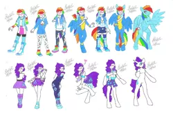 Size: 2338x1654 | Tagged: safe, artist:bluelilytz, derpibooru import, rainbow dash, rarity, anthro, human, pegasus, unguligrade anthro, unicorn, arm hooves, blushing, blushing profusely, bodysuit, clothes, cosplay, costume, crossdressing, cutie mark, cutie mark on clothes, equestria girls outfit, female, human to anthro, image, png, ponysuit, skirt, story included, traditional art, transformation, transformation sequence, uniform, unitard, wonderbolts uniform