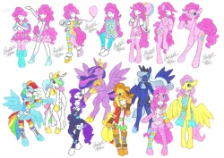 Size: 2338x1654 | Tagged: safe, artist:bluelilytz, derpibooru import, applejack, fluttershy, pinkie pie, princess celestia, princess luna, rainbow dash, rarity, twilight sparkle, twilight sparkle (alicorn), alicorn, anthro, earth pony, human, pony, unguligrade anthro, arm hooves, blushing, bodysuit, clothes, cosplay, costume, cutie mark, cutie mark on clothes, equestria girls outfit, female, human to anthro, image, mane six, png, ponysuit, smiling, story included, traditional art, transformation, transformation sequence