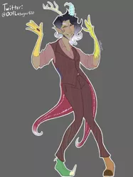 Size: 1533x2048 | Tagged: safe, artist:ooflasagna, derpibooru import, discord, anthro, human, beard, blushing, blush sticker, clothes, elf ears, facial hair, gray background, horns, humanized, image, jpeg, male, rolled up sleeves, shoes, signature, simple background, solo, spikes, suit, tail
