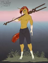 Size: 917x1200 | Tagged: safe, artist:sunny way, derpibooru import, sunburst, anthro, pony, unicorn, alternative, angry, anthro pony, art, artwork, clothes, digital art, evil, evil sunburst, happy, horn, image, male, mlp fim, muscles, my little pony, partial nudity, patreon, patreon reward, patreonreward, png, same, smiling, solo, solo male, staff, staff of sameness, stallion, topless