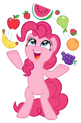 Size: 1341x2048 | Tagged: artist needed, source needed, safe, derpibooru import, pinkie pie, earth pony, pony, apple, banana, bipedal, cute, diapinkes, female, food, grapes, image, juggling, mare, orange, pear, png, simple background, solo, stock vector, strawberry, transparent background, watermelon