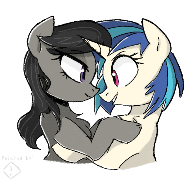 Size: 700x650 | Tagged: safe, artist:metaruscarlet, artist:yaco, derpibooru import, octavia melody, vinyl scratch, earth pony, pony, unicorn, bedroom eyes, colored, female, grin, hug, image, lesbian, looking at each other, mare, png, scratchtavia, shipping, simple background, smiling, white background