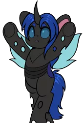 Size: 2726x4000 | Tagged: safe, artist:partylikeanartist, derpibooru import, oc, oc:swift dawn, unofficial characters only, changeling, pony, bipedal, blue changeling, changeling oc, commission, cute, eyebrows, horn, image, male, ocbetes, png, simple background, solo, subversive kawaii, transparent background, underhoof, upsies, wings, ych result