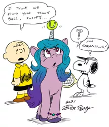 Size: 2406x2798 | Tagged: safe, artist:debmervin, color edit, derpibooru import, edit, izzy moonbow, dog, human, pony, unicorn, ball, charlie brown, colored, crossover, dialogue, female, g5, horn, horn guard, horn impalement, hornball, image, izzy's tennis ball, jpeg, looking at you, looking up, male, mare, open mouth, peanuts, question mark, simple background, snoopy, speech bubble, tennis ball, white background