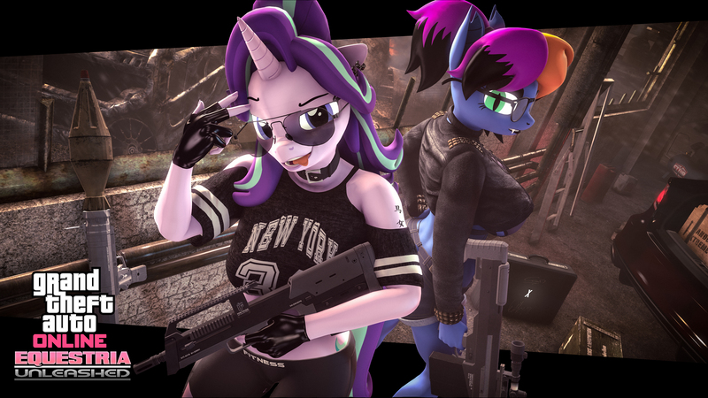 Size: 3840x2160 | Tagged: safe, artist:calveen, artist:laylahorizonsfm, derpibooru import, starlight glimmer, oc, oc:layla horizon, anthro, bat pony, unicorn, art pack:fun n games artpack, 3d, alternate hairstyle, anthro oc, aviator glasses, bat pony oc, bat wings, box, car, choker, clothes, collaboration, collar, duo, duo female, female, fingerless gloves, glasses, gloves, grand theft auto, gta online, gta v, gun, high res, image, jpeg, leggings, looking at you, machine gun, piercing, rifle, rpg, short shirt, shorts, signature, sniper rifle, source filmmaker, suitcase, sunglasses, tattoo, tongue out, warehouse, weapon, wings